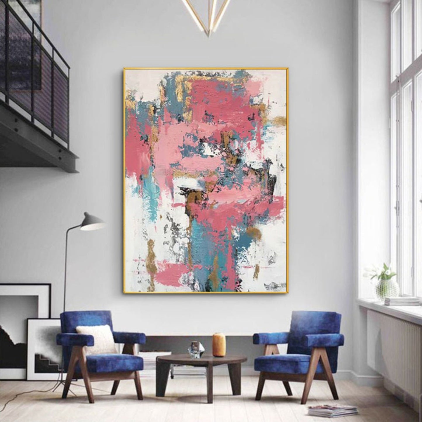 Pink Gold Blue 100% Hand Painted Abstract Wall Art