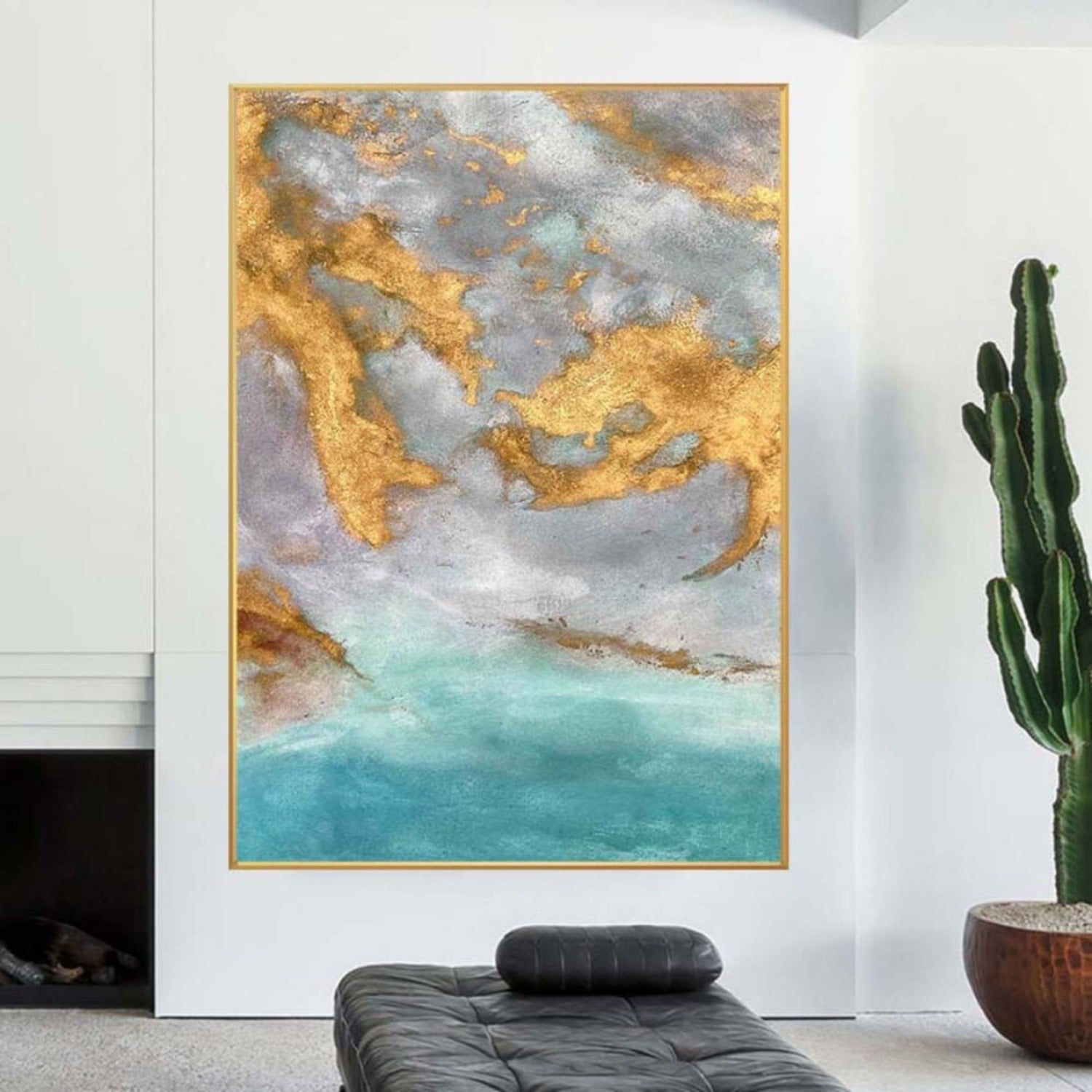 Light Blue and Gold Abstract Ocean Oil Painting