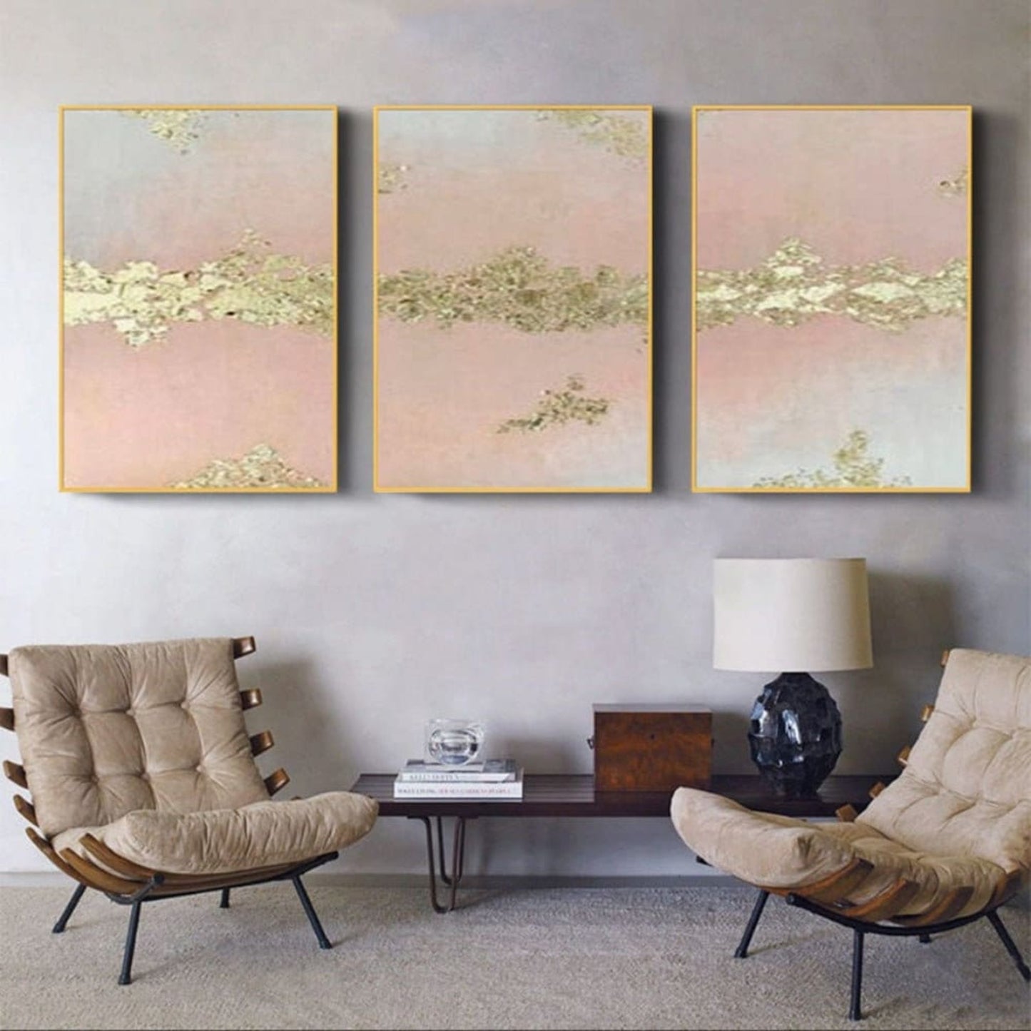 Pastel Peach Gold Foil Abstract Set of 3 Painting