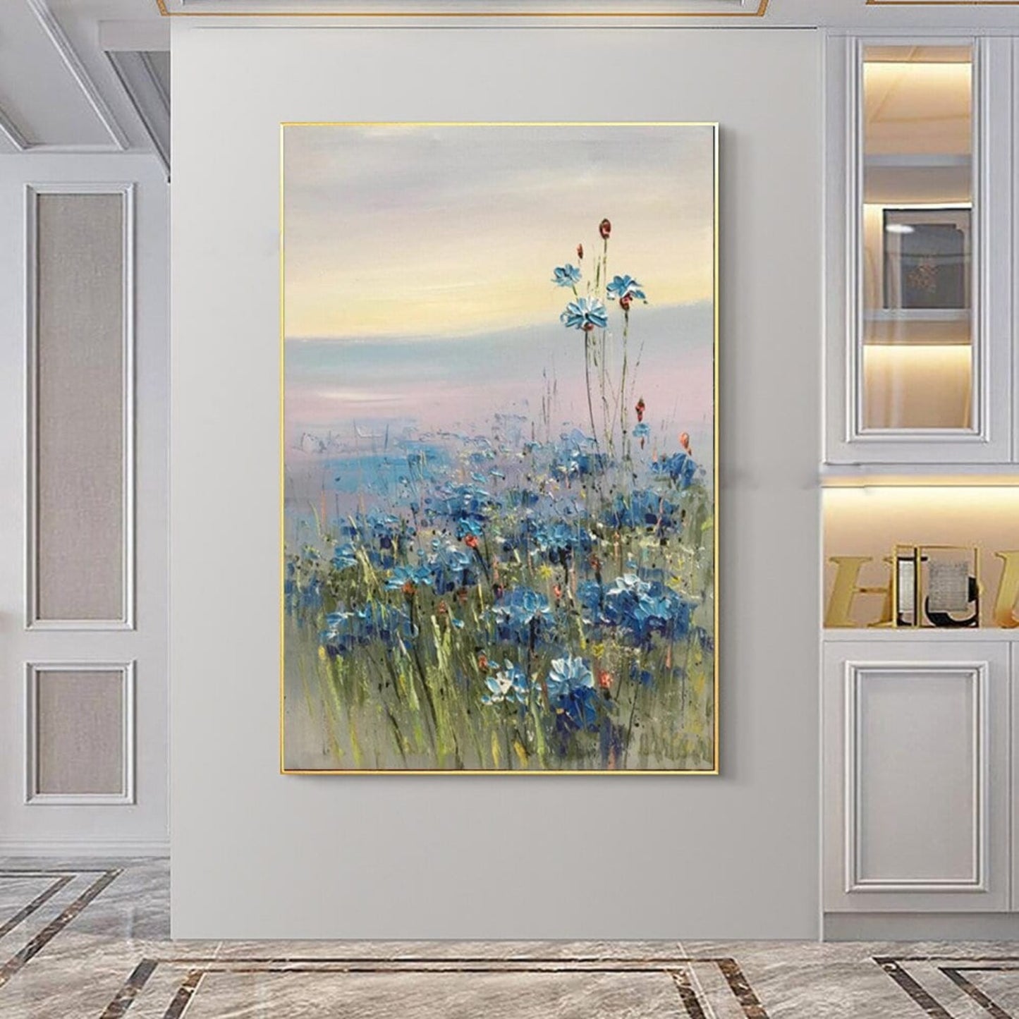 Abstract Blue Flowers 100% Hand Painted canvas