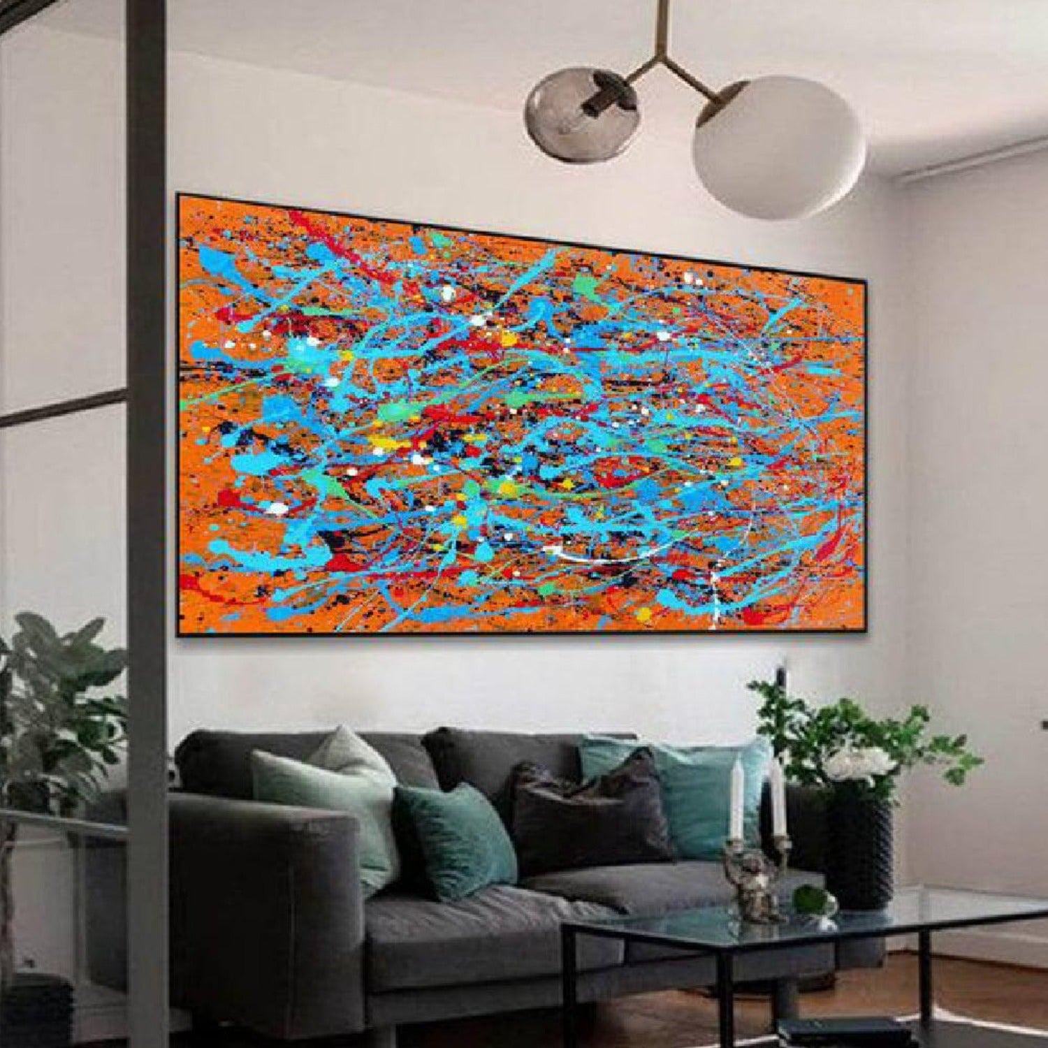 Large Orange Light Blue Abstract Pollock Painting