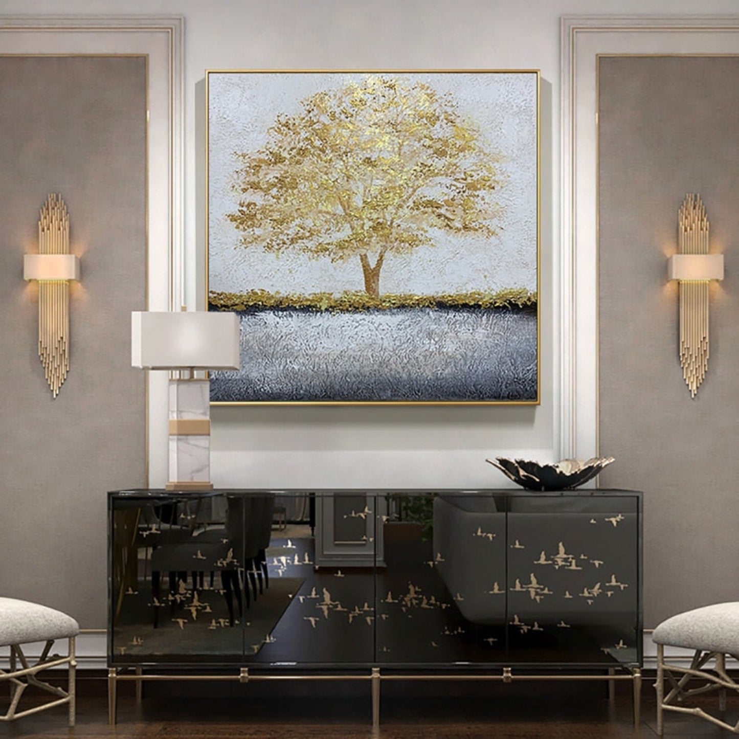 Textured Golden Tree Abstract Landscape Painting