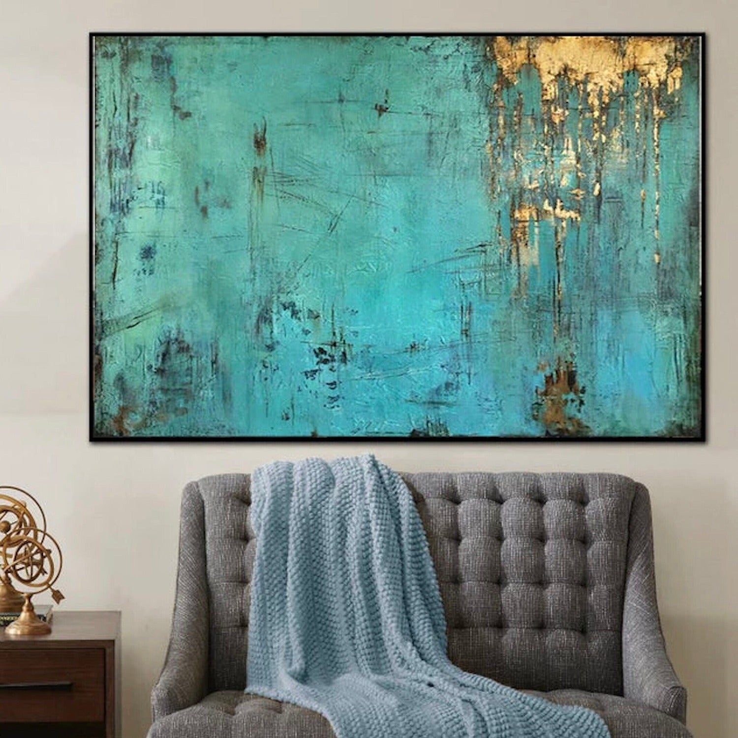 Large Emerald Green Gold Textured Acrylic Painting