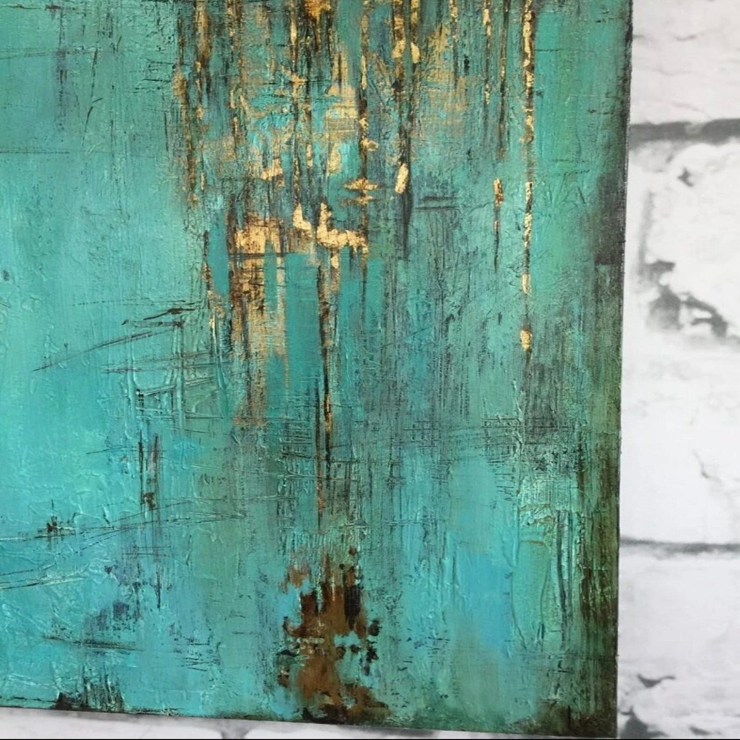 Large Emerald Green Gold Textured Acrylic Painting