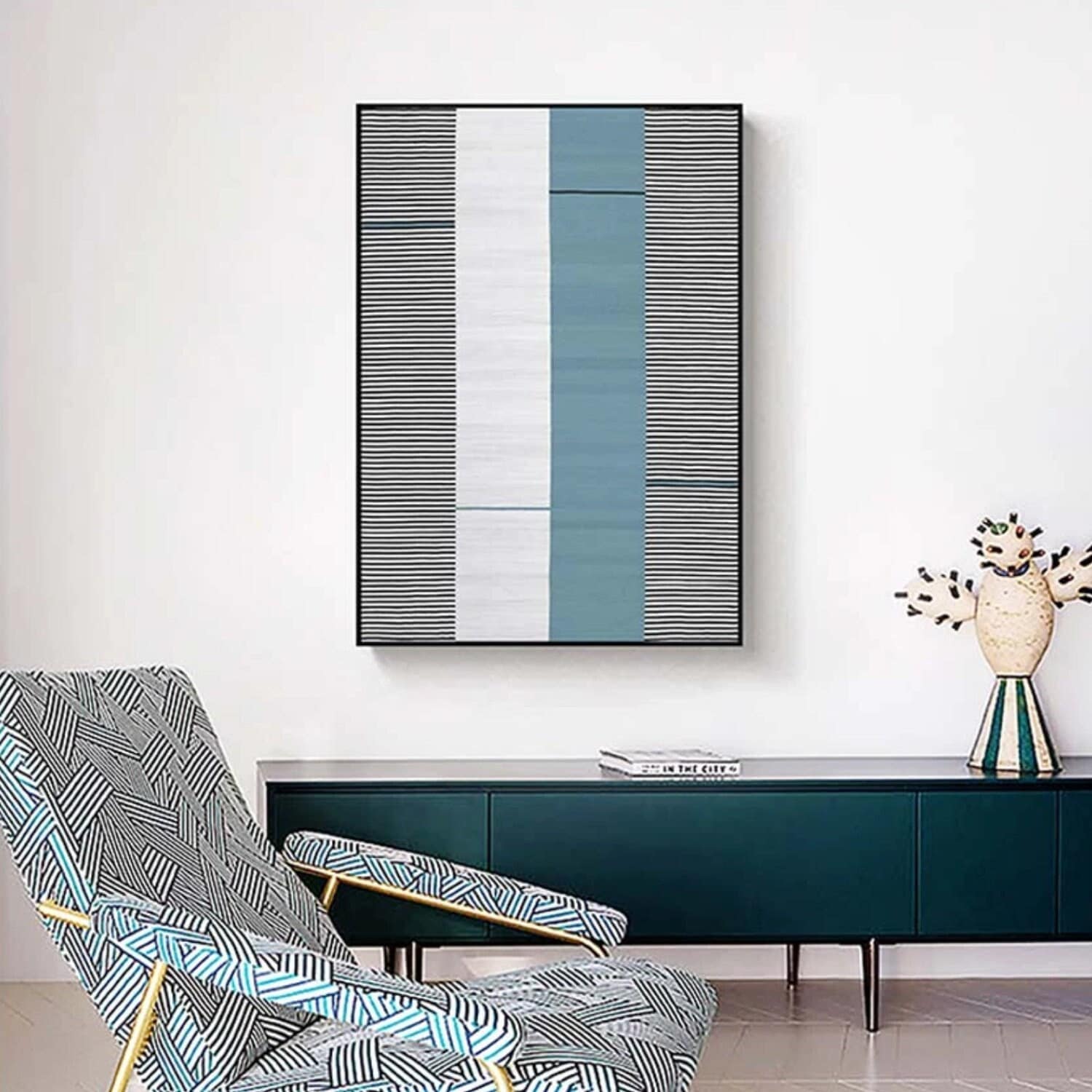 Black White Blue Lines Hand Painted Wall Art