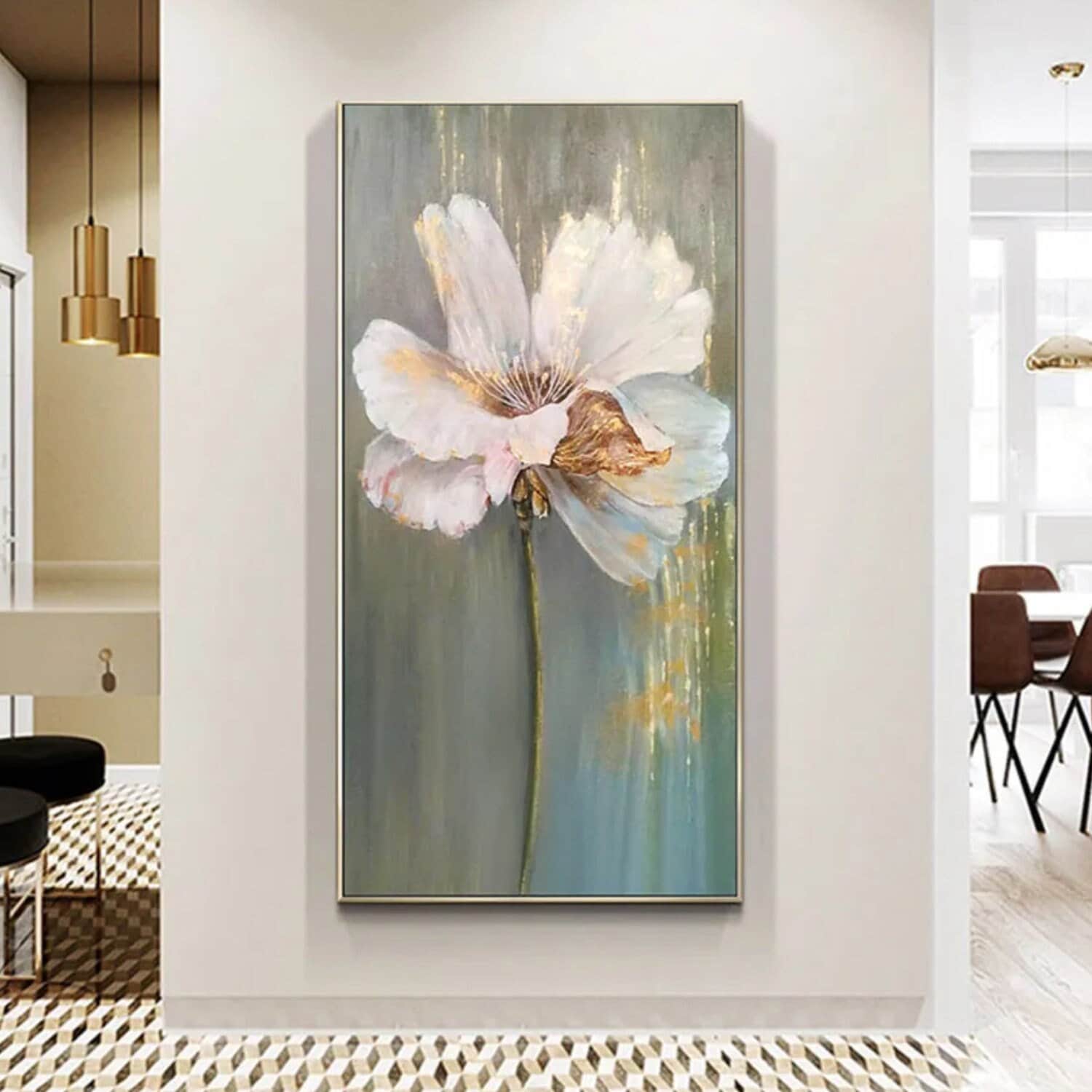 Delightful White Gold Flower Acrylic Oil Painting