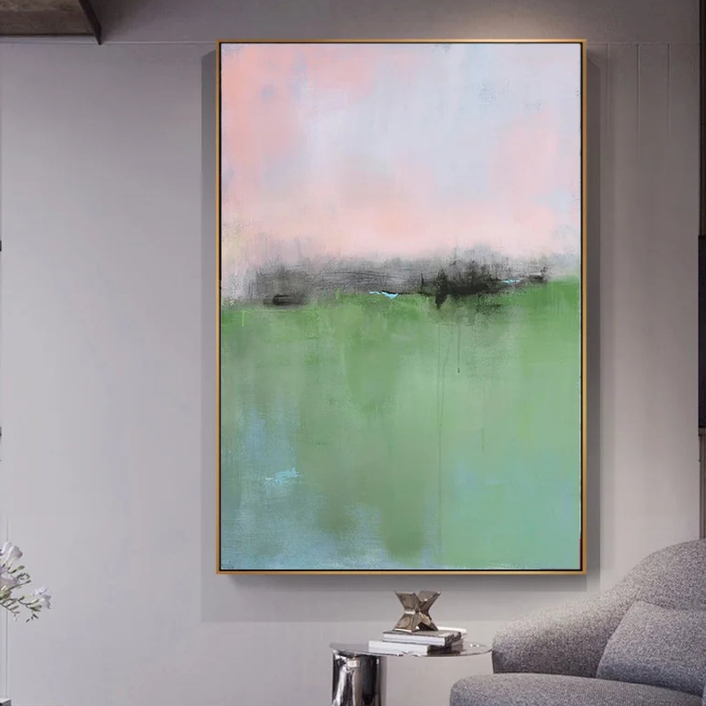 Large Nordic Style Abstract Green Landscape Painting