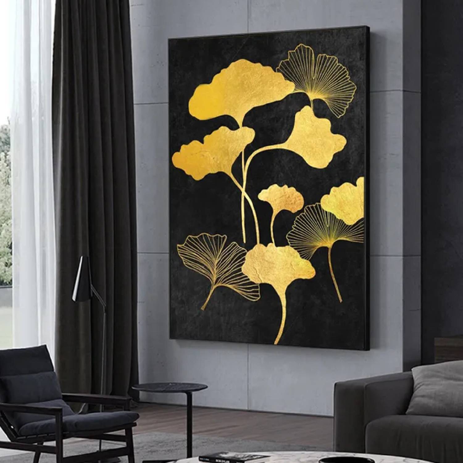 Nostalgic Gold Leaves Floral Art on Black Canvas