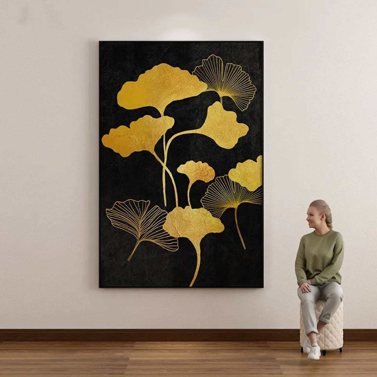 Nostalgic Gold Leaves Floral Art on Black Canvas