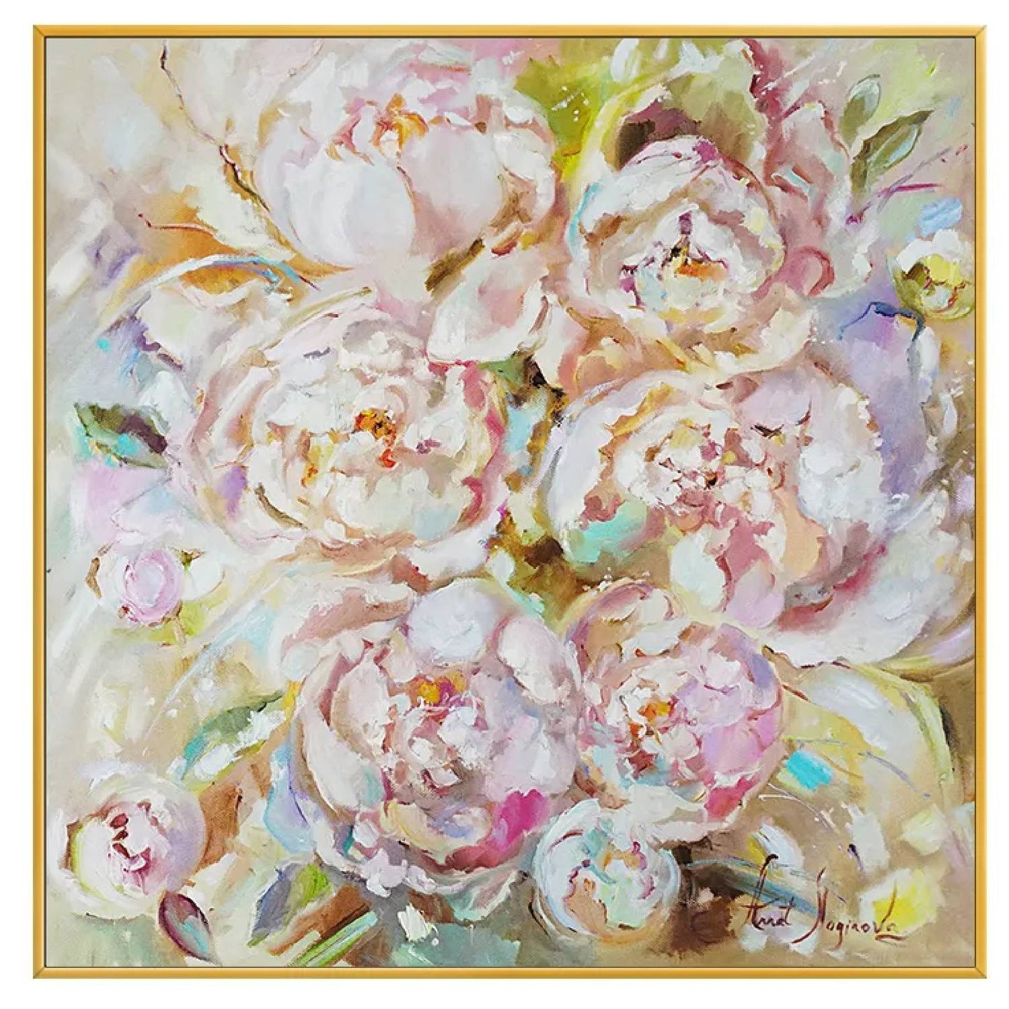 Tropical Blooming White Peony Floral Oil Painting