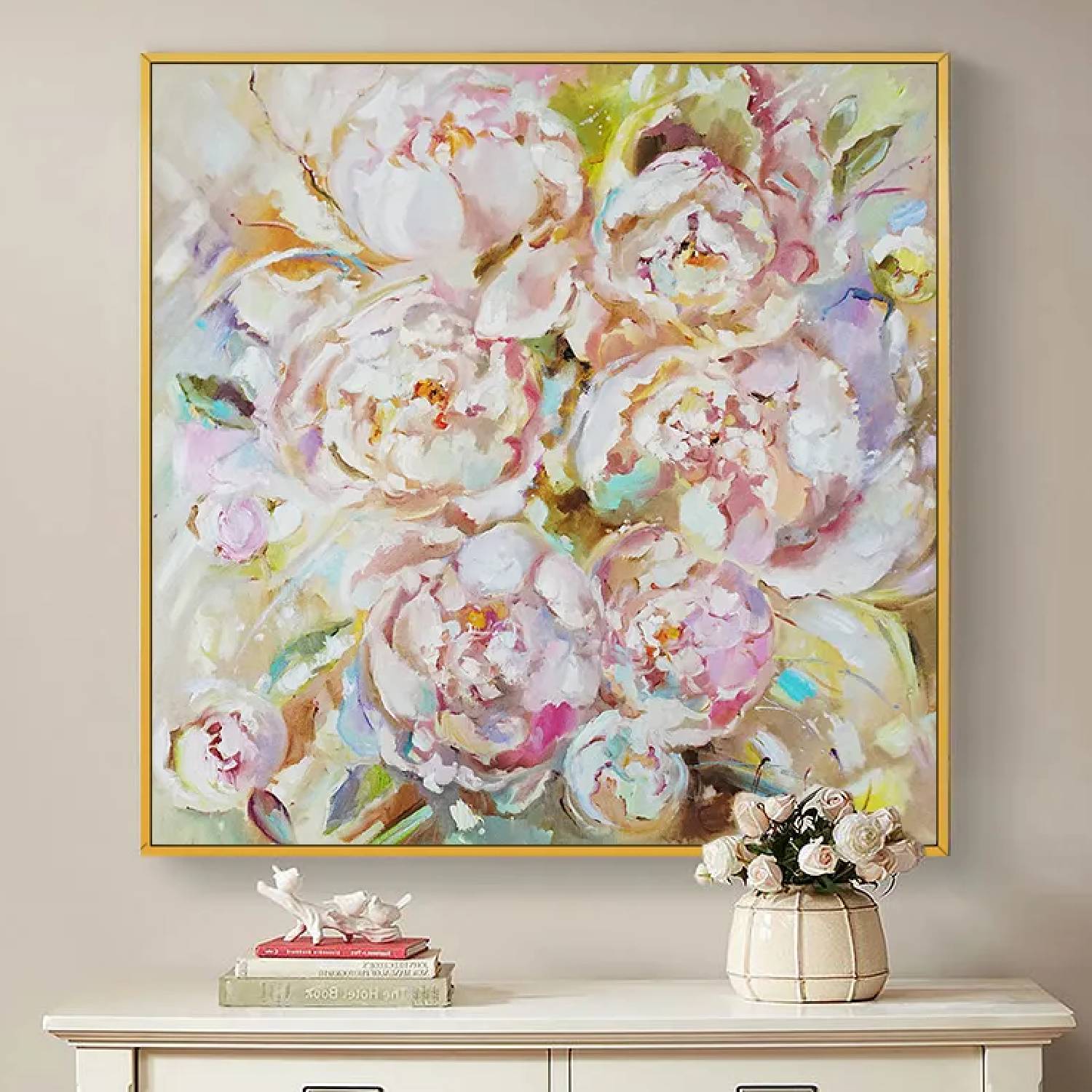 Tropical Blooming White Peony Floral Oil Painting